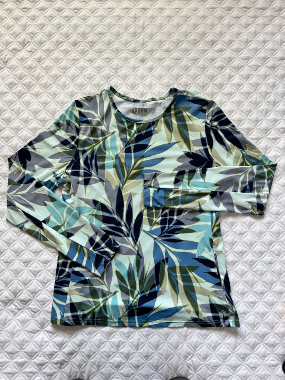 Hang Ten Long Sleeve Leaf Print Sun Protect Rash Guard Swim Top Blue Green Sz M - Picture 3 of 15